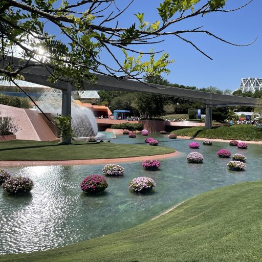 Sun reflecting off of the lagoons in Epcot. Flower pots with purple flowers floating in water. Monorail track overhead.